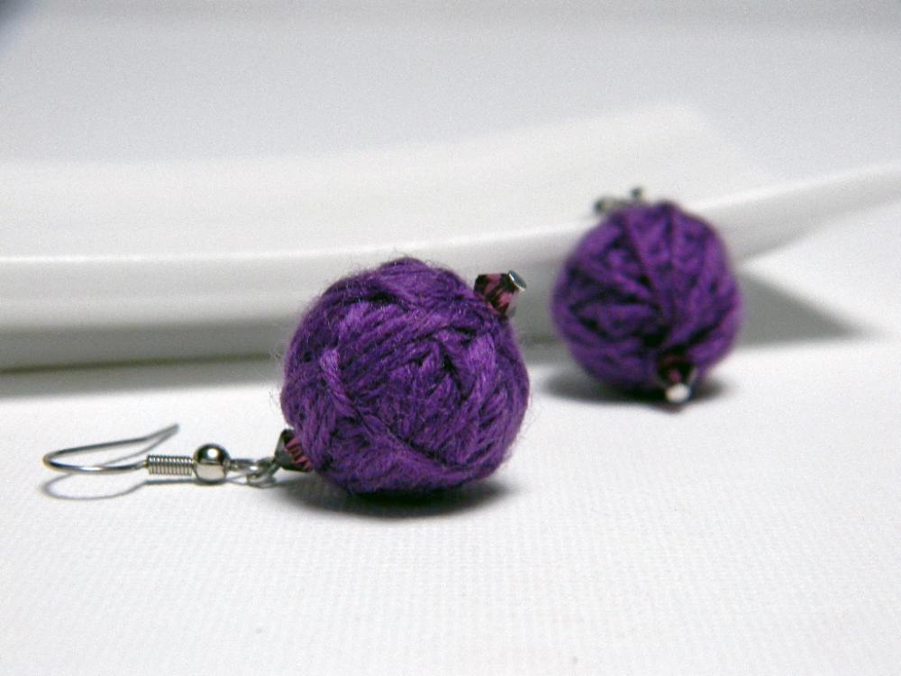 PURPLE wool yarn beads earrings - Ready to ship