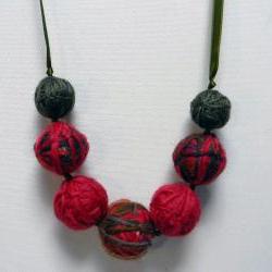 Wool yarn beads necklace - Red, mixed colors and sage green - One of a kind and ready to ship