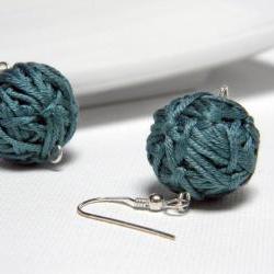 Deep water green cotton yarn beads earrings